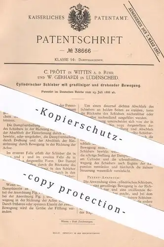 original Patent - C. Prött , Witten / Ruhr | W. Gerhardi , Lüdenscheid , 1886 , Zylindrischer Schieber | Dampfmaschine