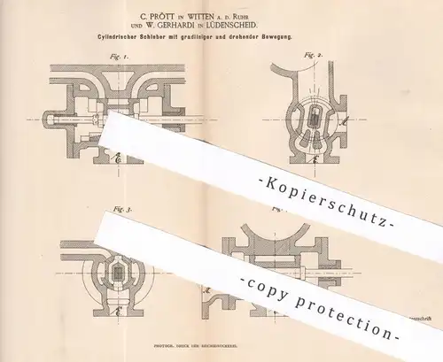 original Patent - C. Prött , Witten / Ruhr | W. Gerhardi , Lüdenscheid , 1886 , Zylindrischer Schieber | Dampfmaschine