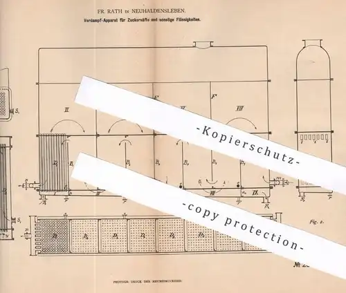 original Patent - Fr. Rath , Neuhaldensleben , 1883 , Verdampfer für Zuckersaft u. Flüssigkeiten | Zuckerfabrik , Saft