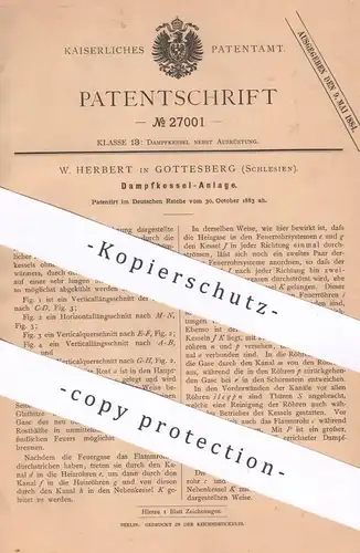 original Patent - W. Herbert , Gottesberg , Schlesien , 1883 , Dampfkessel - Anlage | Kessel , Wasserkessel , Feuerung