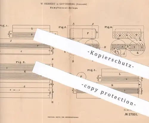 original Patent - W. Herbert , Gottesberg , Schlesien , 1883 , Dampfkessel - Anlage | Kessel , Wasserkessel , Feuerung