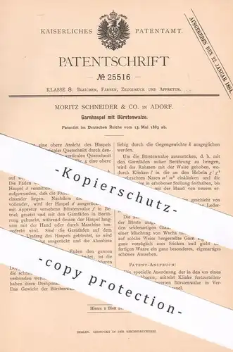 original Patent - Moritz Schneider & Co. , Adorf , 1883 , Garnhaspel mit Bürstenwalze | Haspel , Bürste , Walzen