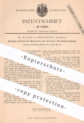 original Patent - Dr. M. Hipp , Neuchâtel , Schweiz , 1881 , Dynamo - elektrische Maschine mit Stromabzweig | SIEMENS