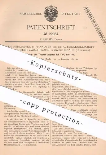 original Patent - Th. Nehlmeyer , Hannover | AG Torfwerk Zwischenahn | 1881 | Presse & Trocken-Apparat für Torf , Obst !
