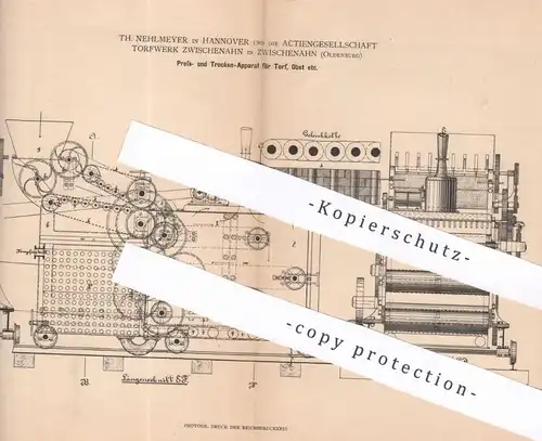 original Patent - Th. Nehlmeyer , Hannover | AG Torfwerk Zwischenahn | 1881 | Presse & Trocken-Apparat für Torf , Obst !