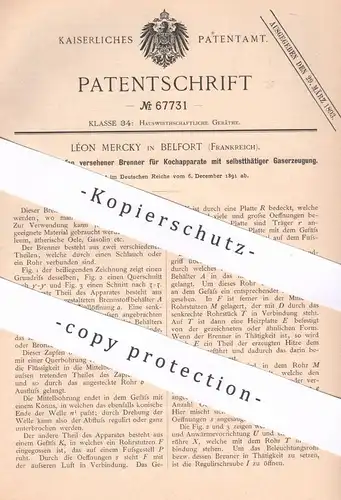 original Patent - Léon Mercky , Belfort , Frankreich , 1891 , Brenner für Kochapparate mit Gaserzeugung | Gas , Herd !