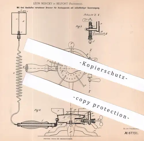 original Patent - Léon Mercky , Belfort , Frankreich , 1891 , Brenner für Kochapparate mit Gaserzeugung | Gas , Herd !