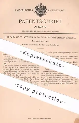 original Patent - Harold Thatcher , Battersea Rise , Surrey , England , 1892 , Ofenvorsetzer | Ofen , Öfen , Kamin !!