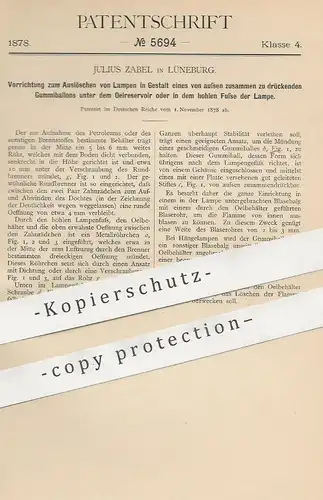 original Patent - Julius Zabel , Lüneburg , 1878 , Auslöschen von Öl - Lampen mittels Gummiballon | Petroleumlampe