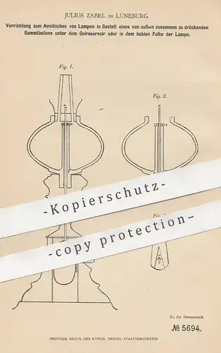 original Patent - Julius Zabel , Lüneburg , 1878 , Auslöschen von Öl - Lampen mittels Gummiballon | Petroleumlampe