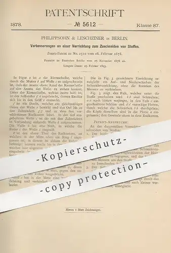 original Patent - Philippsohn & Leschziner , Berlin , 1878 , Zuschneiden von Stoff | Werkzeug , Schneidzeug , Schneiden