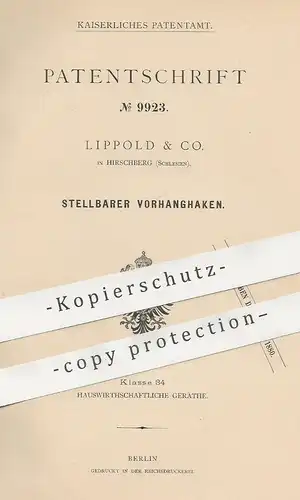 original Patent - Lippold & Co. , Hirschberg , Schlesien , 1880 , Stellbarer Vorhanghaken | Haken , Vorhang , Gardine !!