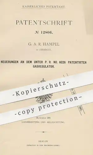 original Patent - G. A. R. Hampel , Chemnitz , 1880 , Gasregulator | Gas - Regulator | Motor , Motoren , Gasmotor !!