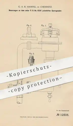 original Patent - G. A. R. Hampel , Chemnitz , 1880 , Gasregulator | Gas - Regulator | Motor , Motoren , Gasmotor !!