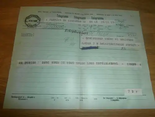 Telegramm 1928 , Zürich , Lausanne , Professor Vodoz , Télégramme , Telegraph , Telephon !!!