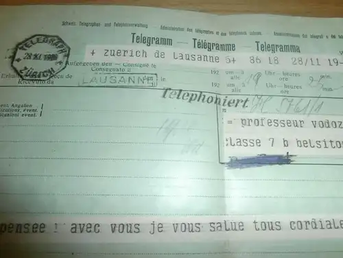Telegramm 1928 , Zürich , Lausanne , Professor Vodoz , Télégramme , Telegraph , Telephon !!!