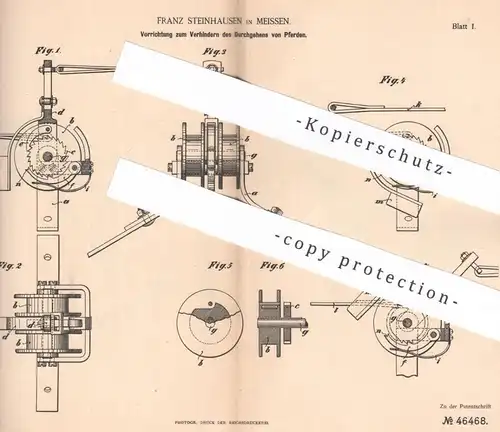 original Patent - Franz Steinhausen , Meissen , 1888 , Verhindern des Durchgehens der Pferde | Pferd , Pferdegeschirr !!