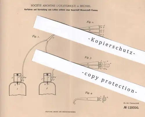 original Patent - Société Anonyme L'oxhydrique , Brüssel , Belgien , 1901 , Löten mit Sauerstoff - Wasserstoff - Gas !!!