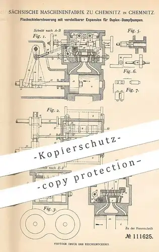 original Patent - Sächsische Maschinenfabrik zu Chemnitz , 1899 , Flachschiebersteuerung für Dampfpumpe | Pumpe , Pumpen