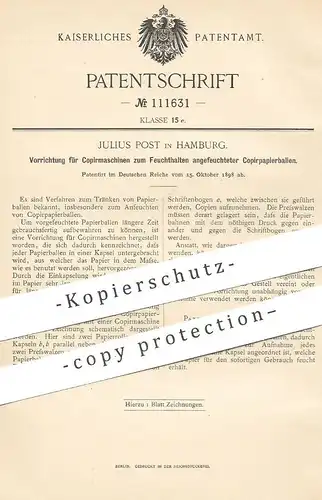 original Patent - Julius Post , Hamburg , 1898 , Kopiermaschine | Kopie , Kopieren , Kopierpapier , Papier , Druck