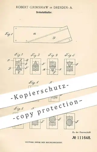 original Patent - Robert Grimshaw , Dresden | 1899 | Drehstahlhalter | Stahl , Eisen , Drehbank | Schlosser !!