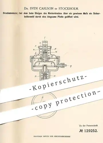 original Patent - Dr. Sven Carlson , Stockholm , Schweden , 1901 , Druckminderer | Druck , Gas , Brenner