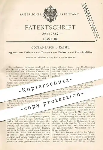 original Patent - Conrad Lasch , Kassel , 1899 , Entfetten u. Trocknen von Kadaver u. Fleisch | Tiere , Trocknung