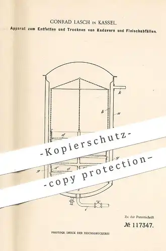 original Patent - Conrad Lasch , Kassel , 1899 , Entfetten u. Trocknen von Kadaver u. Fleisch | Tiere , Trocknung