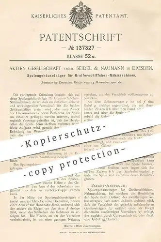 original Patent - AG vorm. Seidel & Naumann , Dresden , 1901 , Spulengehäuseträger für Nähmaschinen | Schneider , Nähen