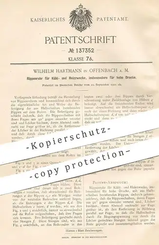 original Patent - Wilhelm Hartmann , Offenbach / Main , 1901 , Rippenrohr für Kühlung , Heizung | Ofen , Rohr , Rohre !