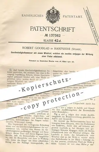 original Patent - Robert Goodlad , Hampshire / Südsee 1901 , Geschwindigkeitsmesser mit Windrad | Tachometer , Automobil