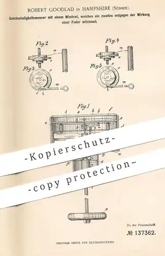 original Patent - Robert Goodlad , Hampshire / Südsee 1901 , Geschwindigkeitsmesser mit Windrad | Tachometer , Automobil