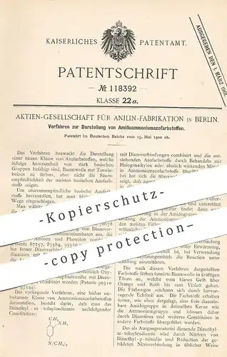original Patent - AG für Anilin - Fabrikation Berlin , 1900 , Darstellung von Amidoammoniumazofarbstoff | Farbe
