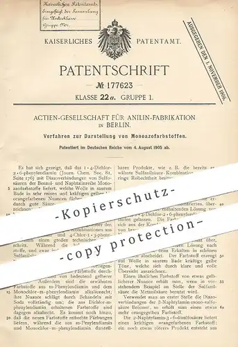 original Patent - AG für Anilin - Fabrikation Berlin , 1905 , Darstellung von Monoazofarbstoff | Farbe , Farbstoff
