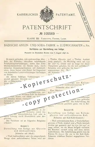 original Patent - Badische Anilin- & Soda-Fabrik , Ludwigshafen a. Rh. 1898 , Darstellung von Indigo | Farbstoff , Farbe