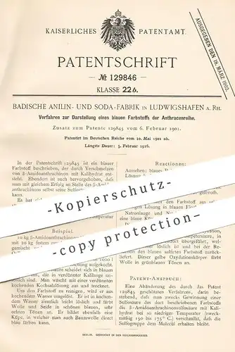 original Patent - Badische Anilin- & Soda-Fabrik , Ludwigshafen a. Rh. , 1901 , blauer Farbstoff der Anthracenreihe !!