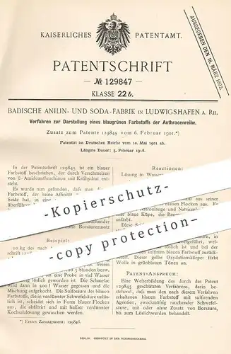 original Patent - Badische Anilin- & Soda-Fabrik , Ludwigshafen a. Rh. , 1901 , blaugrüner Farbstoff der Anthracenreihe