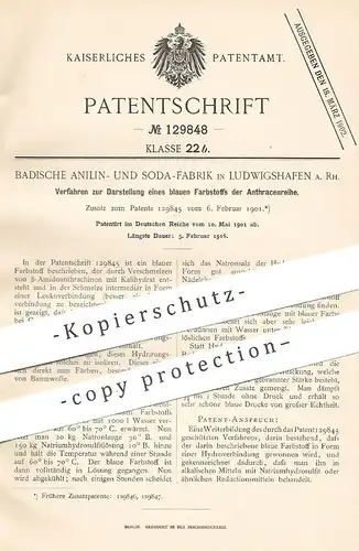 original Patent - Badische Anilin- & Soda-Fabrik , Ludwigshafen a. Rh. , 1901 , blauer Farbstoff der Anthracenreihe !!