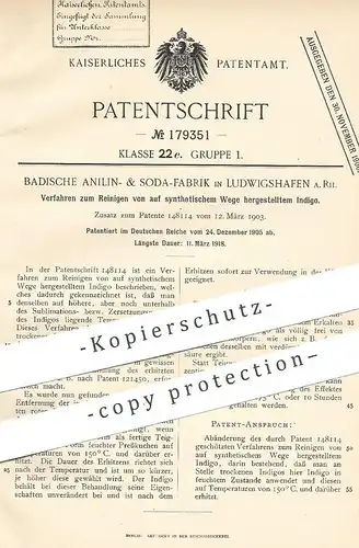 original Patent - Badische Anilin- & Soda-Fabrik , Ludwigshafen a. Rh. , 1905 , Reinigen v. synthetischem Indigo | Farbe