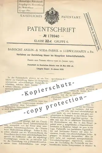 original Patent - Badische Anilin- & Soda-Fabrik , Ludwigshafen a. Rh. , 1905 , blaugrüner Schwefelfarbstoff | Schwefel