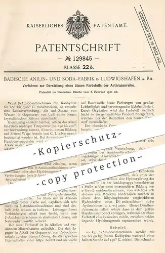 original Patent - Badische Anilin- & Soda-Fabrik , Ludwigshafen a. Rh. , 1901 , blauer Farbstoff der Anthracenreihe !!!