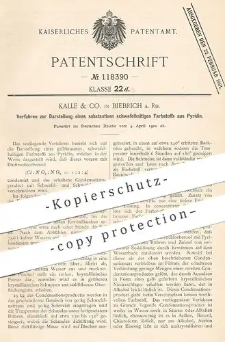 original Patent - Kalle & Co. , Biebrich a. Rh. , 1900 , schwefelhaltiger Farbstoff aus Pyridin | Farbe !!