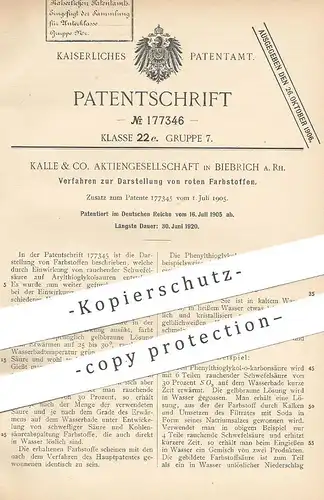 original Patent - Kalle & Co. AG , Biebrich a. Rh. , 1905 , rote Farbstoffe | Farbe , Schwefelsäure , Säure , Chemie !