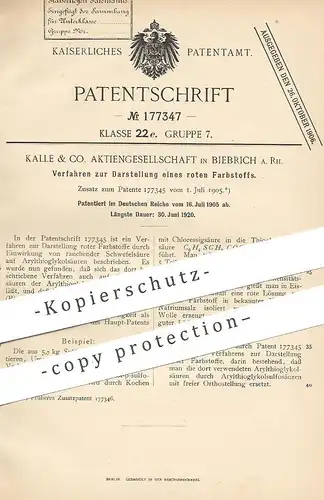 original Patent - Kalle & Co. AG , Biebrich a. Rh. , 1905 , roter Farbstoff | Farbe , Lack , Schwefelsäure , Säure !!