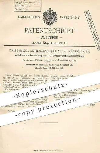 original Patent - Kalle & Co. AG , Biebrich a. Rh. , 1905 , Darstellung von 1 • 2 - Diazooxydnaphtalinsulfosäure | Säure