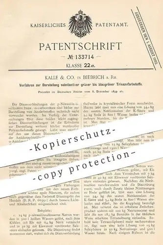 original Patent - Kalle & Co. , Biebrich a. Rh. , 1899 , substantive grüne Trisazofarbstoffe | Farbstoff , Farbe , Säure