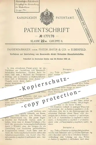 original Patent - Farbenfabriken vorm. Friedr. Bayer & Co. Elberfeld | 1905 | Baumwollfarbstoff | Baumwolle - Farbe !!!