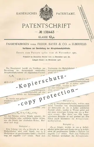 original Patent - Farbenfabriken vorm. Friedr. Bayer & Co. Elberfeld , 1901 , Darstellung der Atropiniumalkylnitrate !!