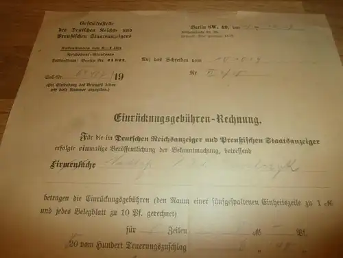 Preuß. Staatsanzeiger , 1919 , Gebühren , Post-Einlieferungsschein Burg Stargard i. Mecklenburg  !!!