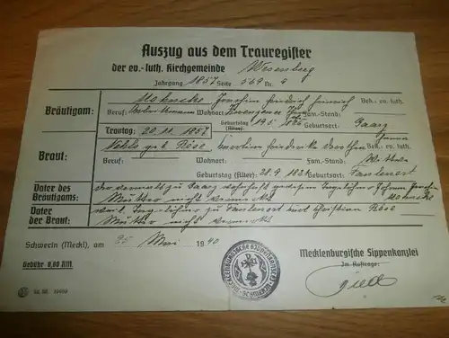 Dokument Sippenkanzlei , 1940 , Wesenberg , Gaarz , Röse , Mohncke , Fauler Ort , Jabel , Lärz  Schwerin , Mecklenburg !